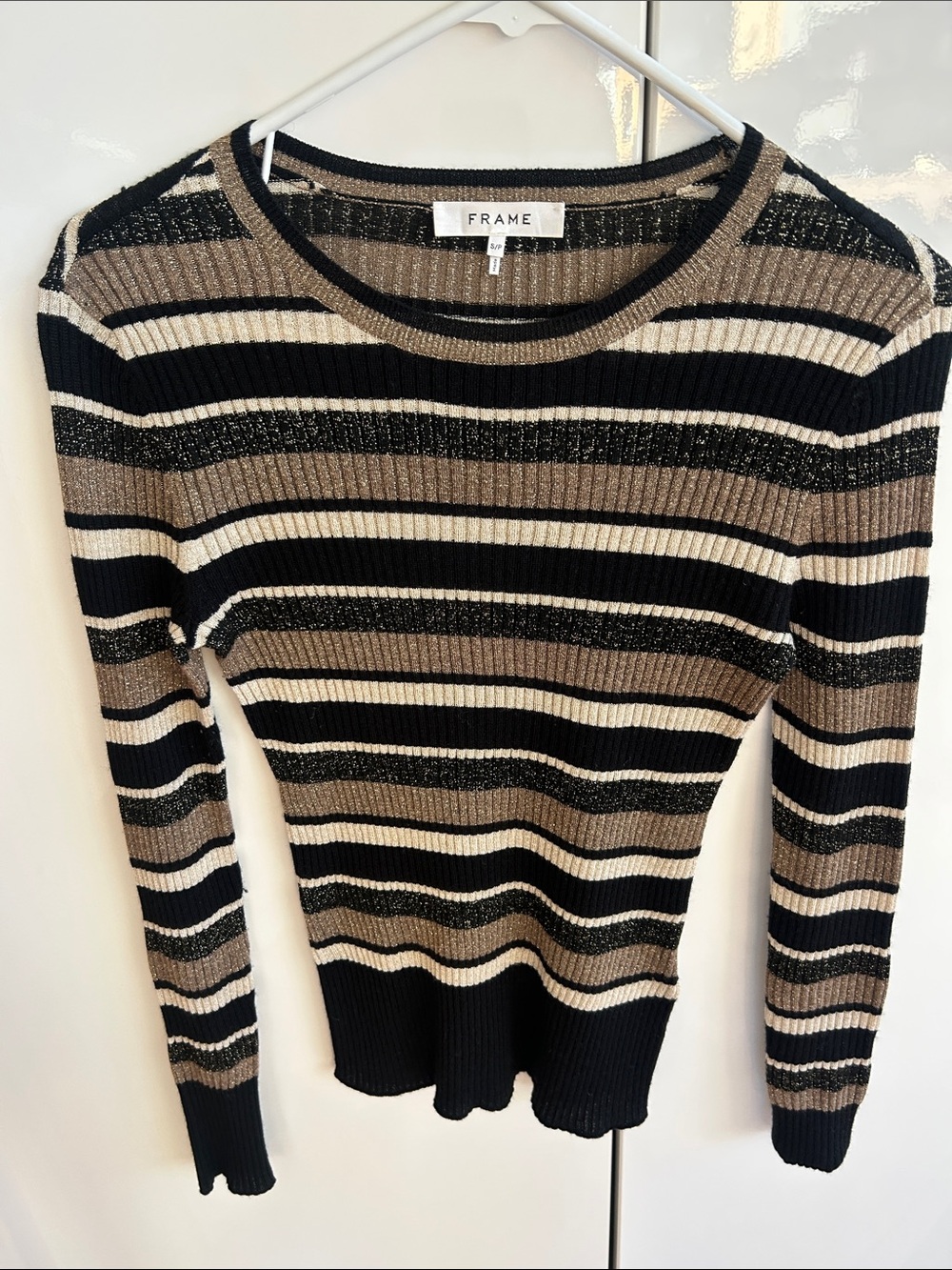 Frame Denim Metallic Striped Ribbed Crew Sweater in Black, Cream & Brown